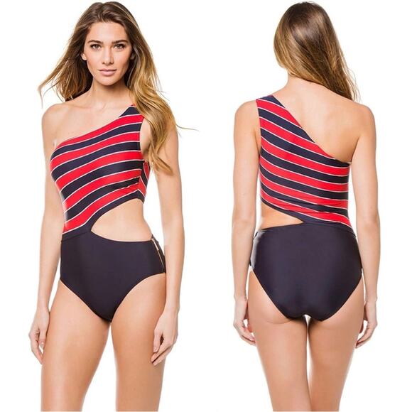 Michael Kors Rope Rugby Stripe One Shoulder Cut Out One-Piece Swimsuit - Picture 12 of 13